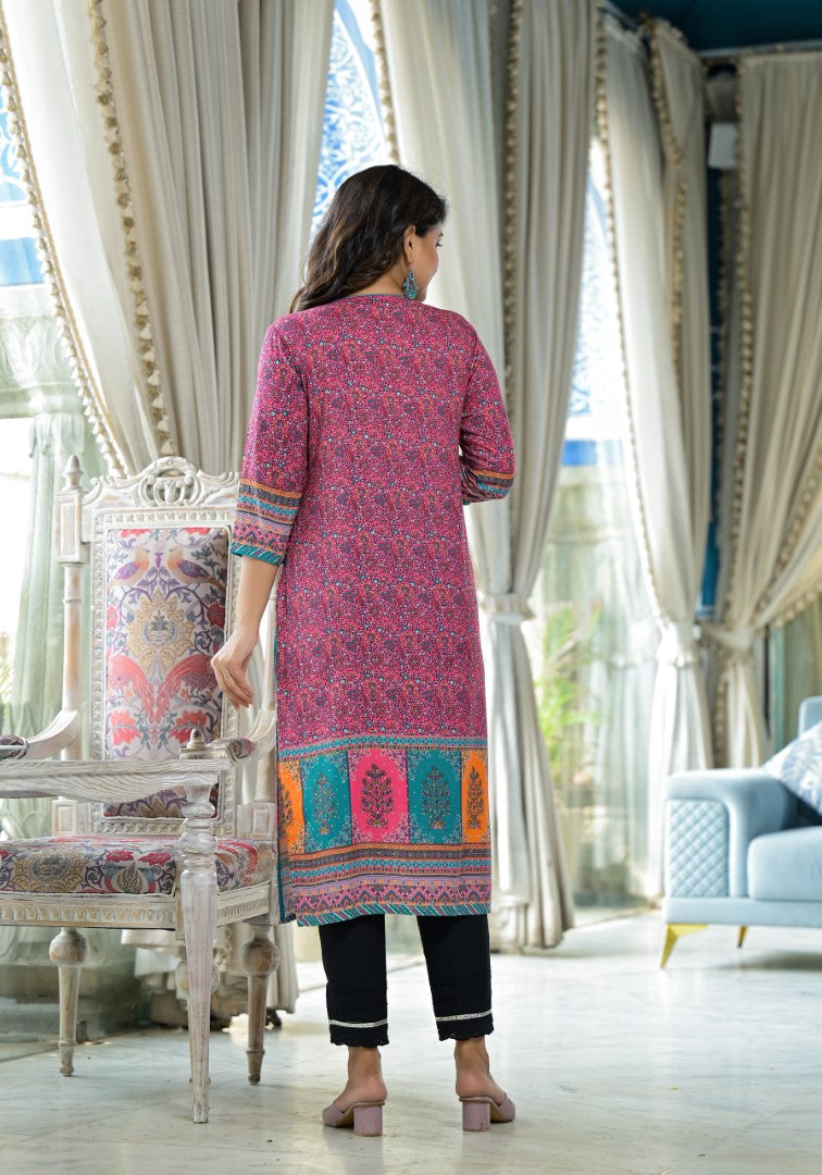 Juniper Women's Pink Floral Printed Liva Rayon Kurta With Beads & Sequins Work - Distacart