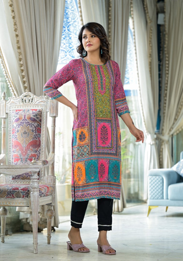 Juniper Women's Pink Floral Printed Liva Rayon Kurta With Beads & Sequins Work - Distacart