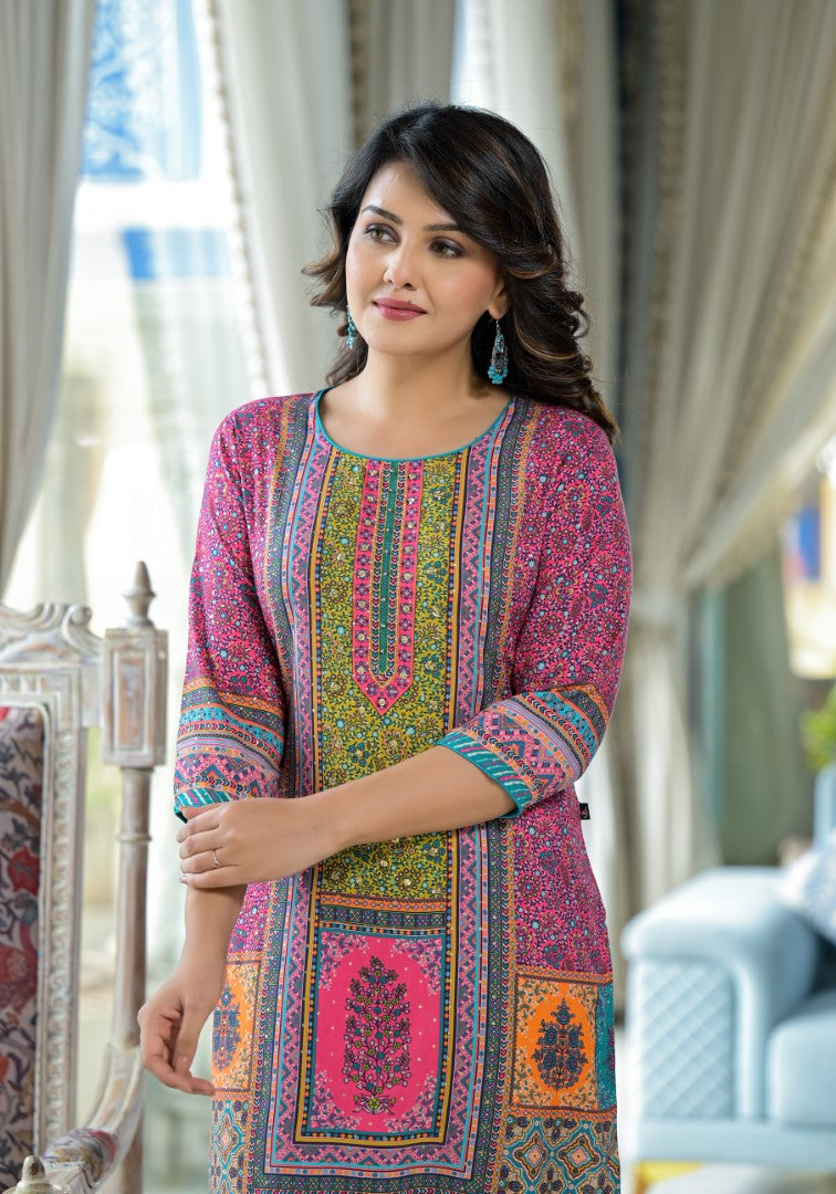 Juniper Women's Pink Floral Printed Liva Rayon Kurta With Beads & Sequins Work - Distacart