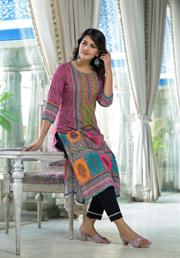 Juniper Women's Pink Floral Printed Liva Rayon Kurta With Beads & Sequins Work - Distacart