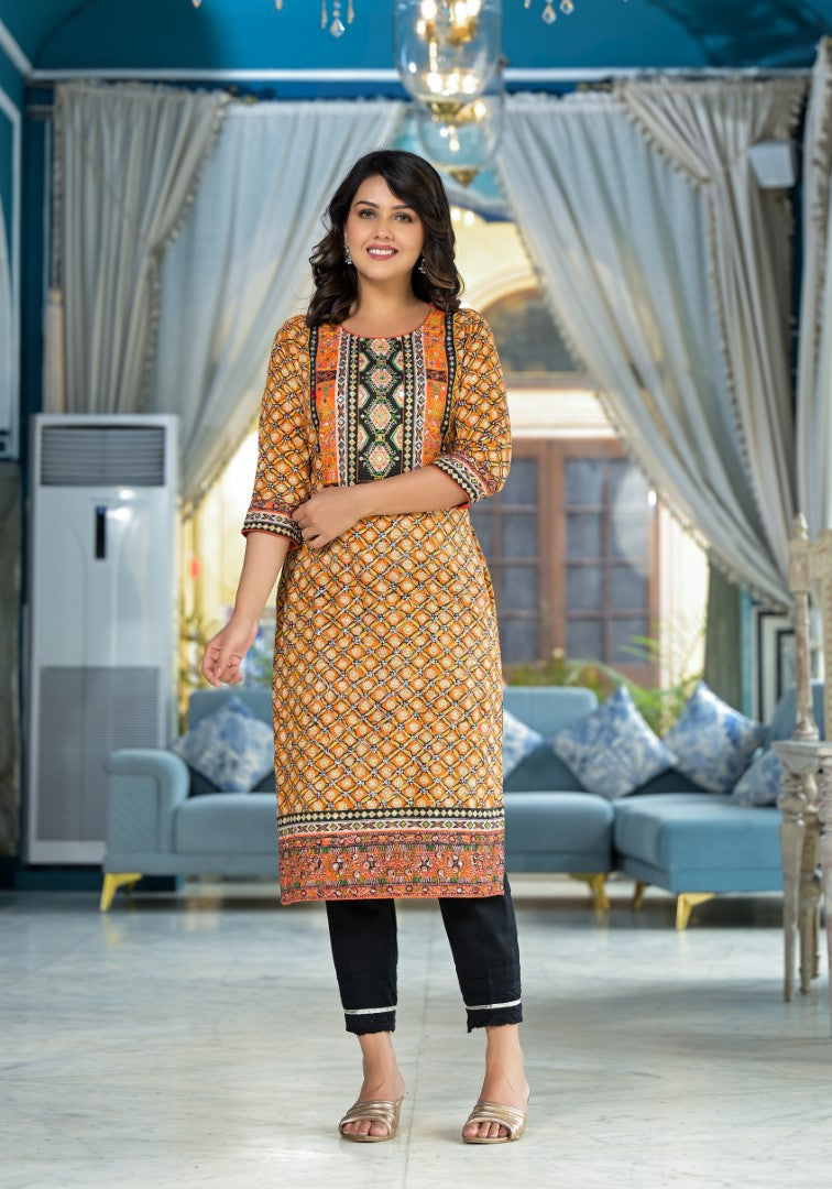 Juniper Women's Mustard Ethnic Motif Printed Liva Rayon Kurta With Sequins & Gota Patti Work - Distacart