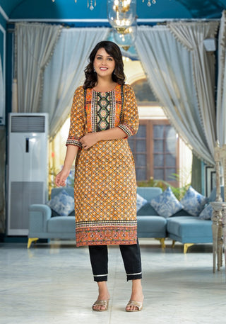 Juniper Women's Mustard Ethnic Motif Printed Liva Rayon Kurta With Sequins & Gota Patti Work - Distacart
