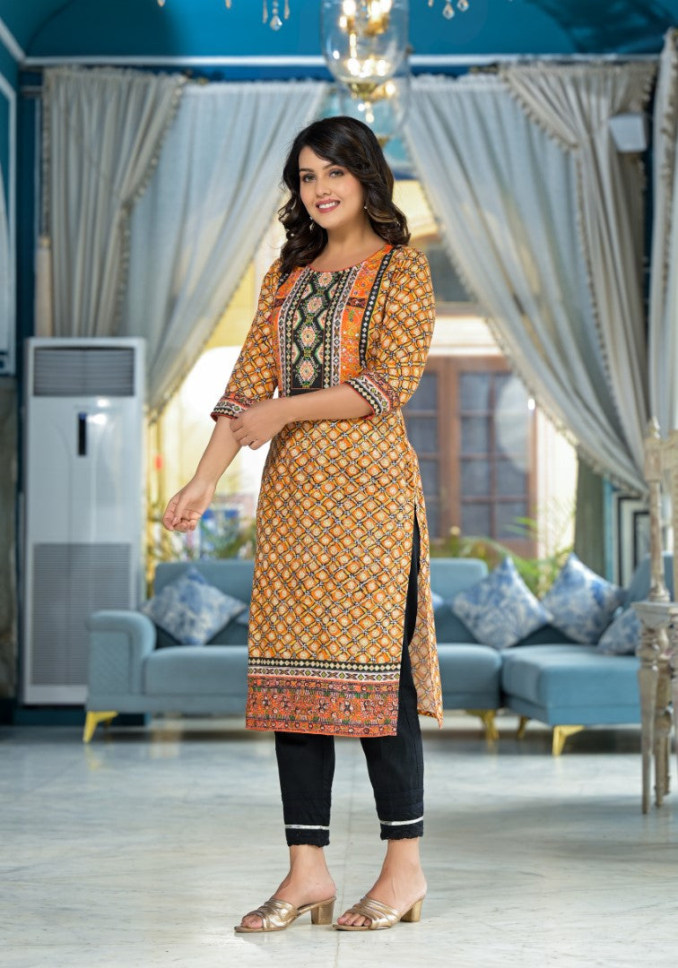 Juniper Women's Mustard Ethnic Motif Printed Liva Rayon Kurta With Sequins & Gota Patti Work - Distacart