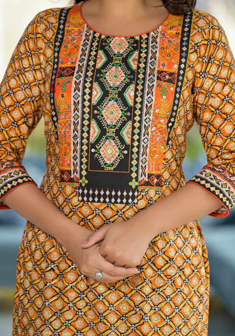 Juniper Women's Mustard Ethnic Motif Printed Liva Rayon Kurta With Sequins & Gota Patti Work - Distacart