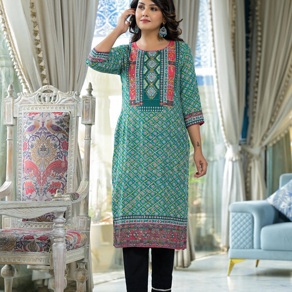 Juniper Teal Ethnic Motif Printed Liva Rayon Kurta With Sequins & Gota Patti Work - Distacart