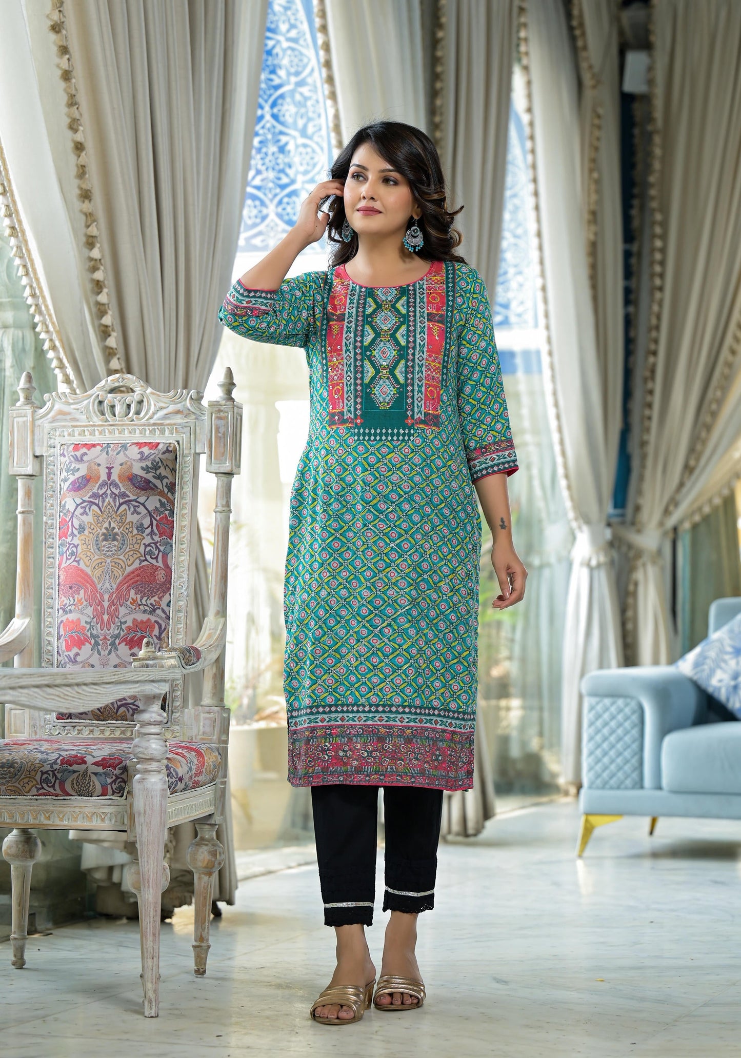 Juniper Teal Ethnic Motif Printed Liva Rayon Kurta With Sequins & Gota Patti Work - Distacart