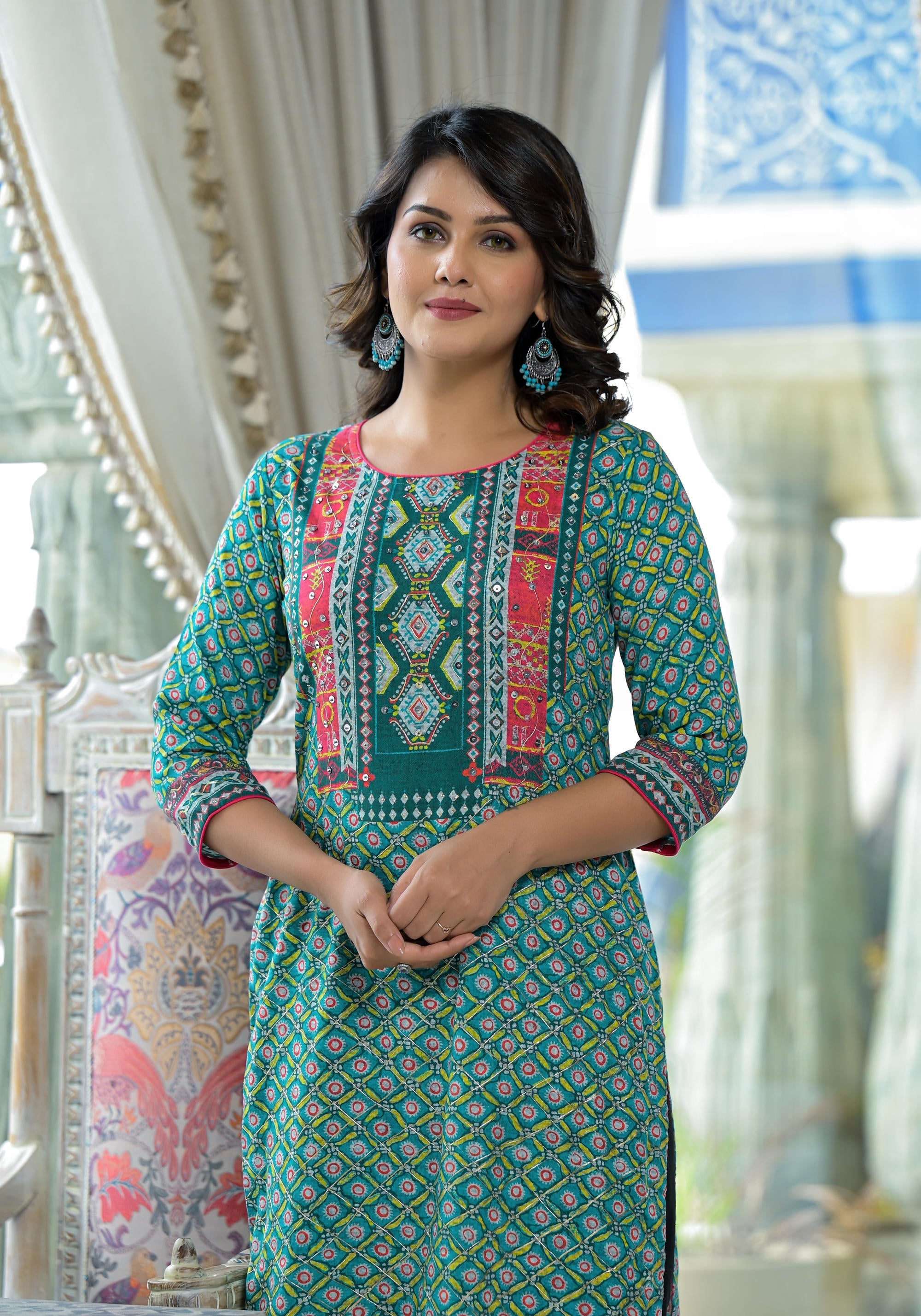 Juniper Teal Ethnic Motif Printed Liva Rayon Kurta With Sequins & Gota Patti Work - Distacart