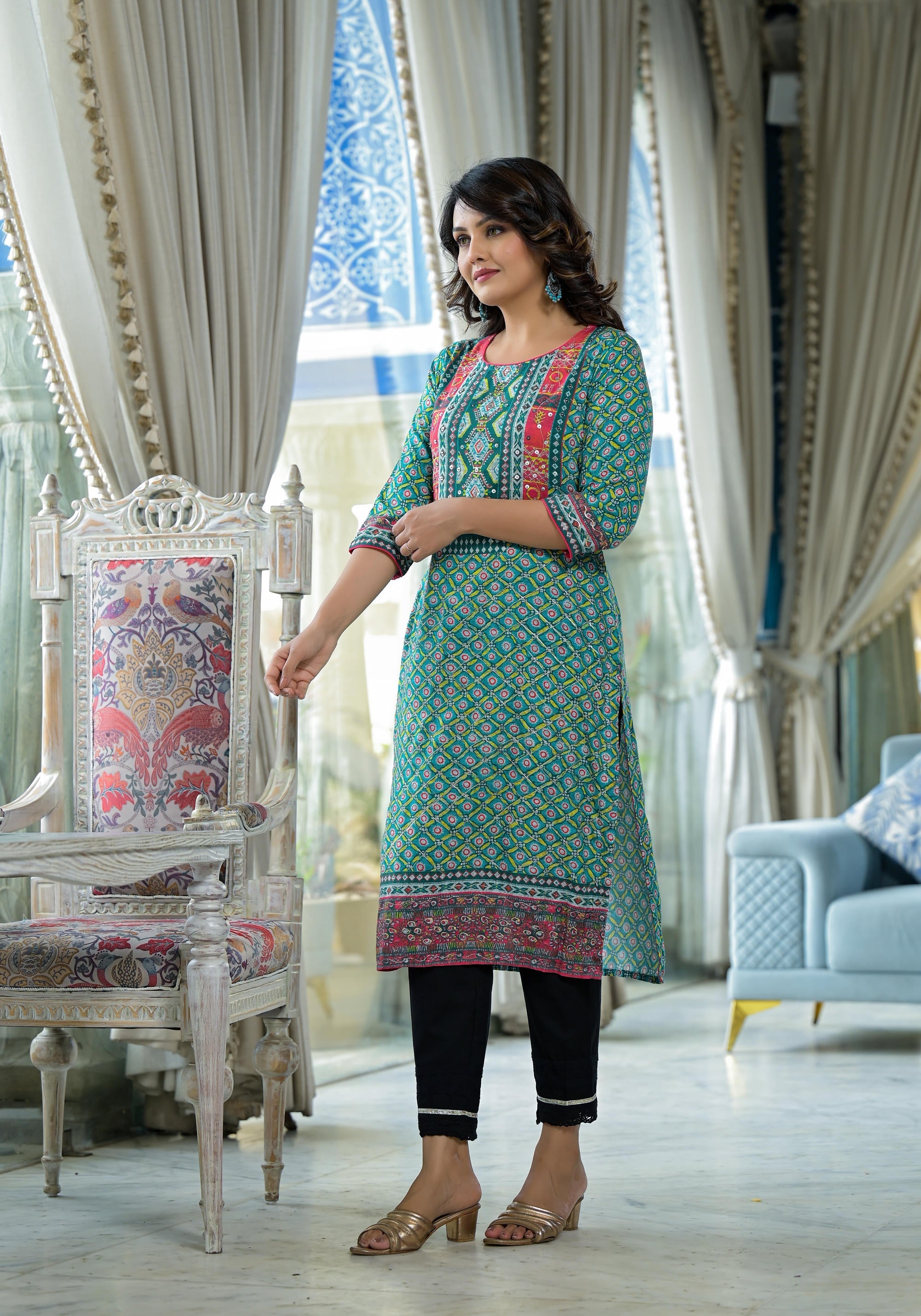 Juniper Teal Ethnic Motif Printed Liva Rayon Kurta With Sequins & Gota Patti Work - Distacart