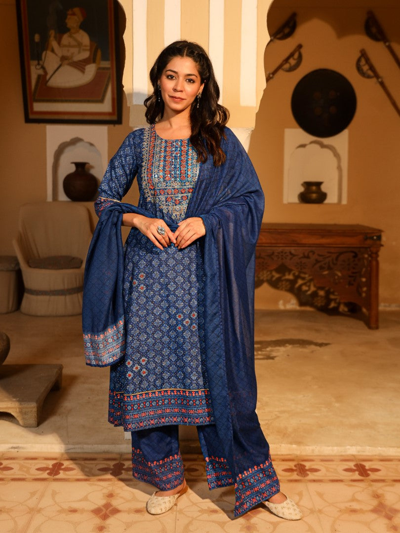 Juniper Women's Blue Ethnic Motif Printed Polycotton Kurta Pant And Dupatta Set With Thread Zari Work & Sequins - Distacart