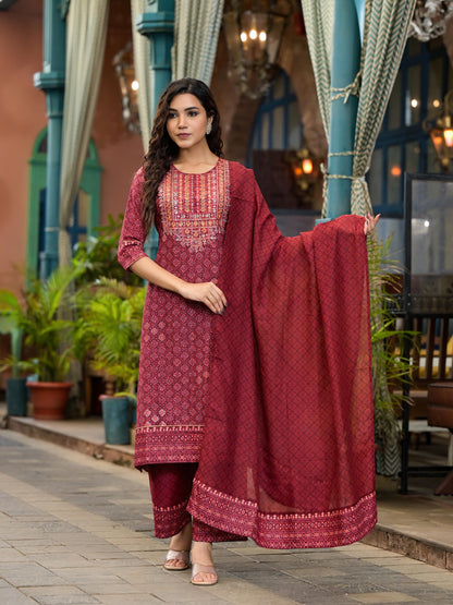 Juniper Women's Rust Ethnic Motif Printed Cotton Kurta Set With Thread Work & Sequins - Distacart