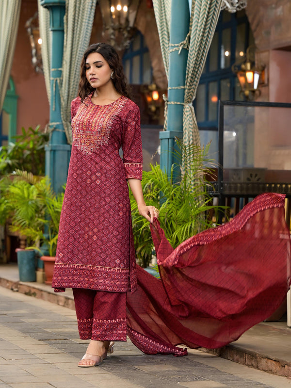 Juniper Women's Rust Ethnic Motif Printed Cotton Kurta Set With Thread Work & Sequins - Distacart