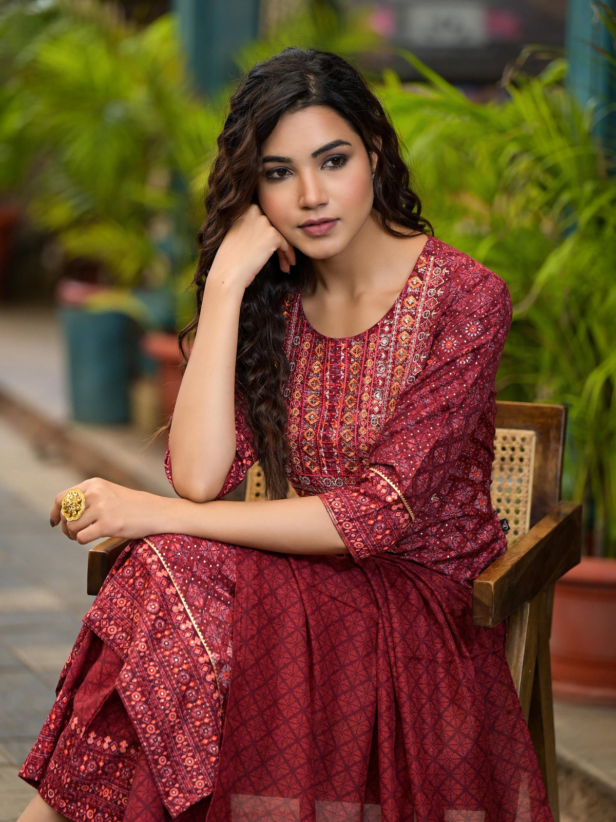 Juniper Women's Rust Ethnic Motif Printed Cotton Kurta Set With Thread Work & Sequins - Distacart