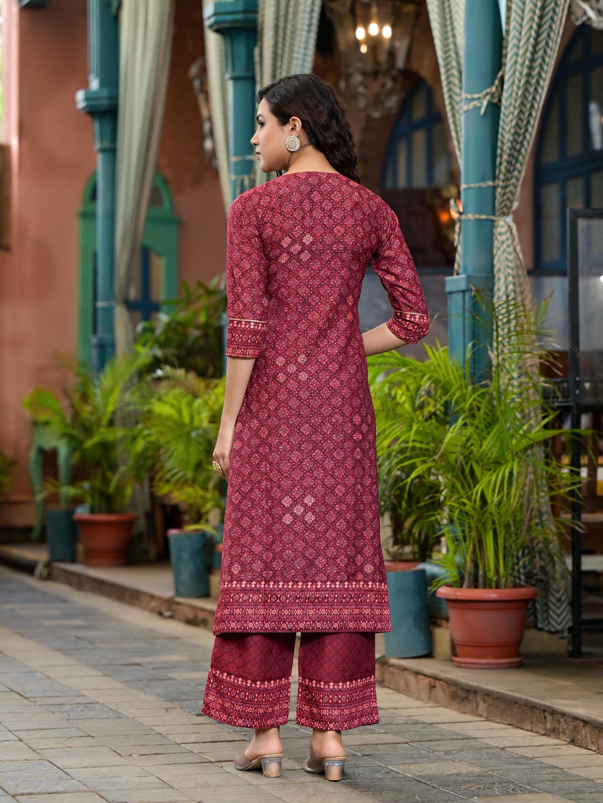 Juniper Women's Rust Ethnic Motif Printed Cotton Kurta Set With Thread Work & Sequins - Distacart