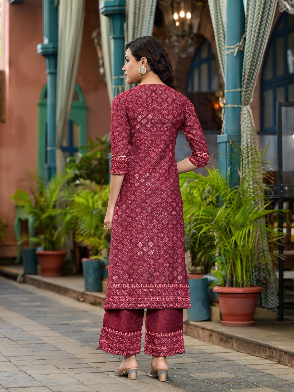Juniper Women's Rust Ethnic Motif Printed Cotton Kurta Set With Thread Work & Sequins - Distacart