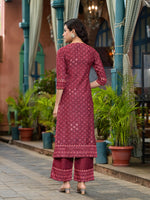 Thumbnail for Juniper Women's Rust Ethnic Motif Printed Cotton Kurta Set With Thread Work & Sequins - Distacart