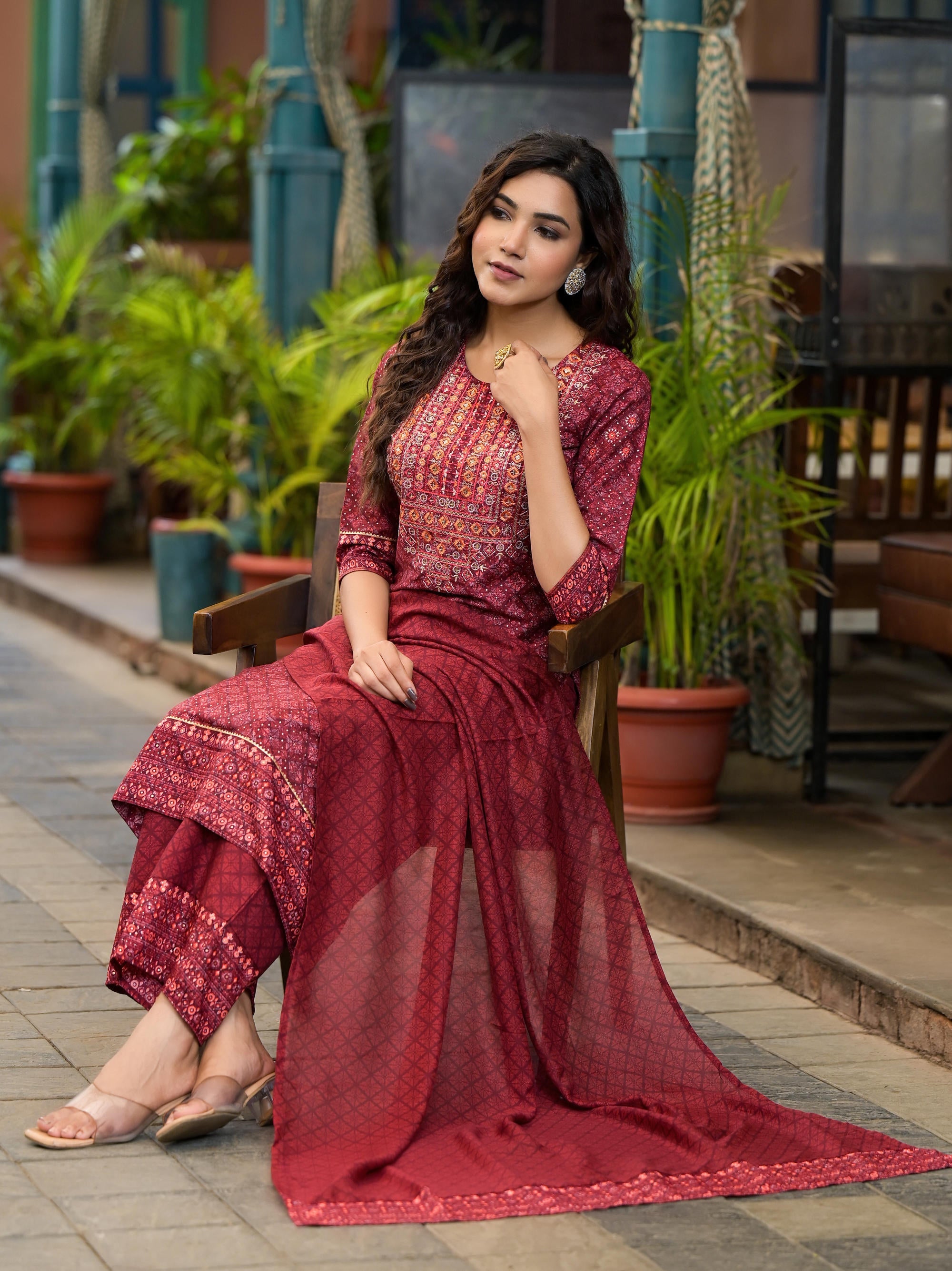 Juniper Women's Rust Ethnic Motif Printed Cotton Kurta Set With Thread Work & Sequins - Distacart