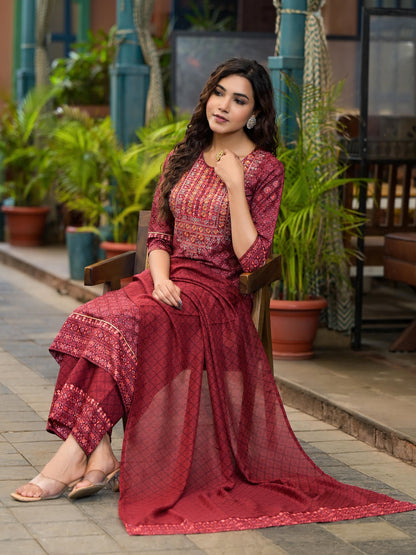 Juniper Women's Rust Ethnic Motif Printed Cotton Kurta Set With Thread Work & Sequins - Distacart