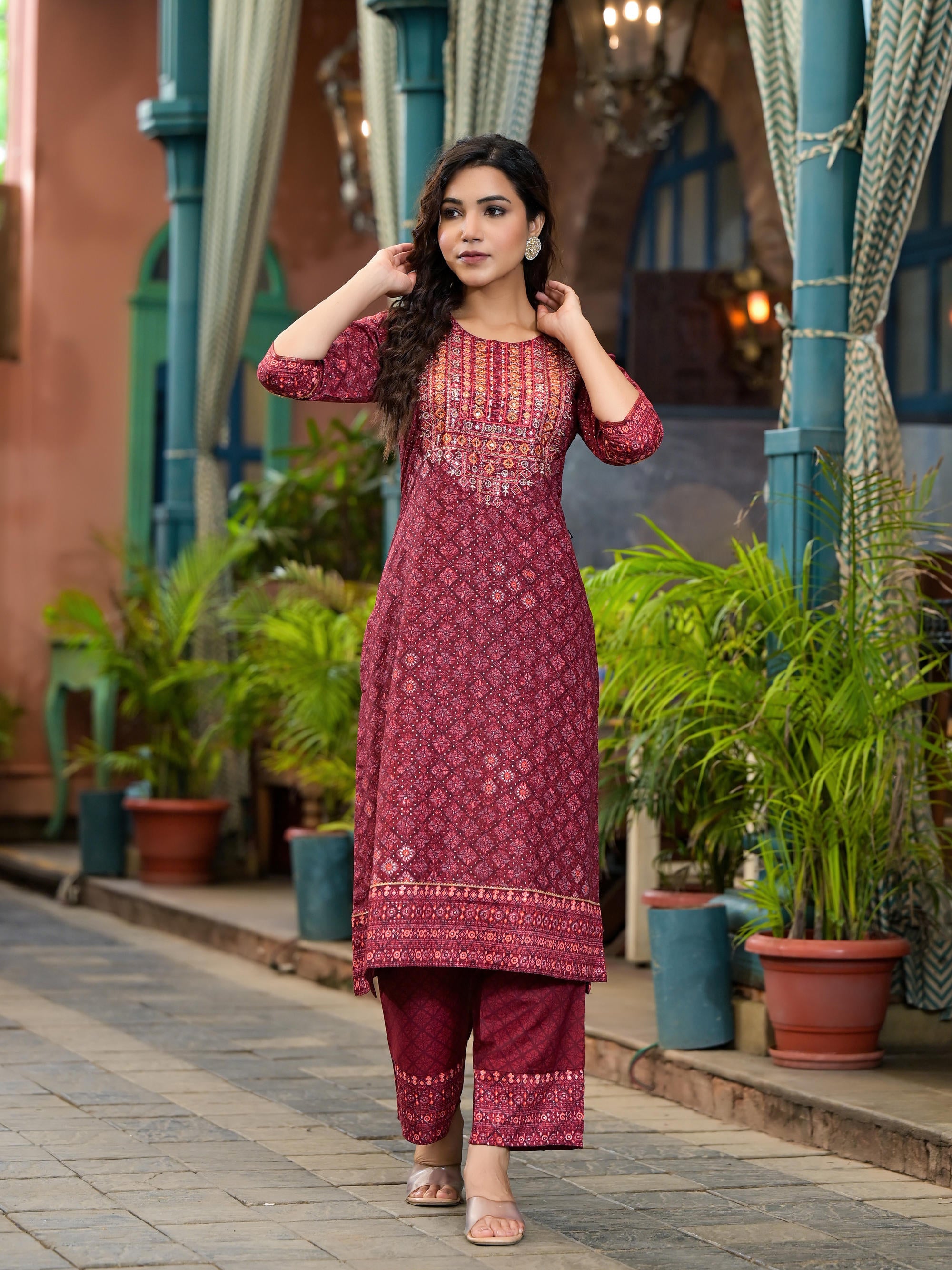 Juniper Women's Rust Ethnic Motif Printed Cotton Kurta Set With Thread Work & Sequins - Distacart