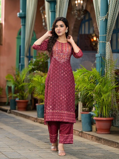 Juniper Women's Rust Ethnic Motif Printed Cotton Kurta Set With Thread Work & Sequins - Distacart