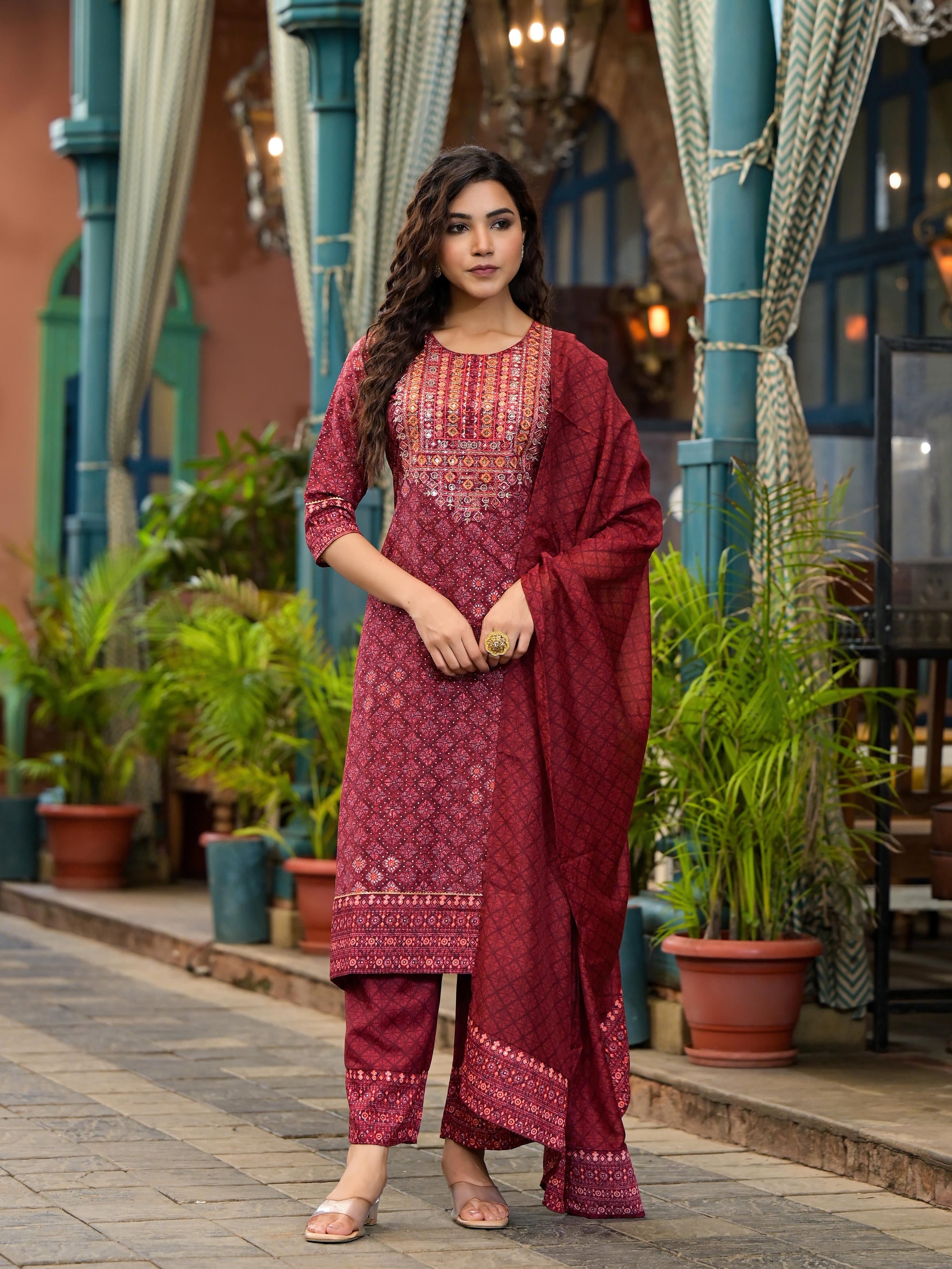 Juniper Women's Rust Ethnic Motif Printed Cotton Kurta Set With Thread Work & Sequins - Distacart