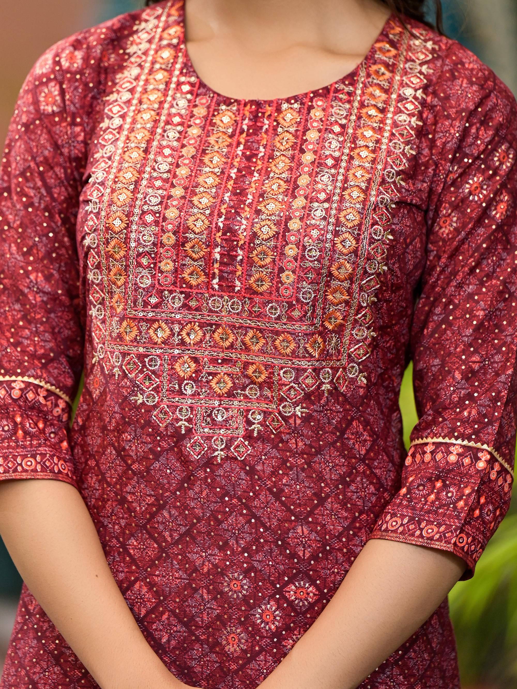 Juniper Women's Rust Ethnic Motif Printed Cotton Kurta Set With Thread Work & Sequins - Distacart