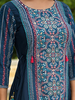 Thumbnail for Juniper Women's Blue Floral Printed Liva Rayon Kurta Pant & Dupatta Set With Doris At Waist & Thread Work & Tassels - Distacart