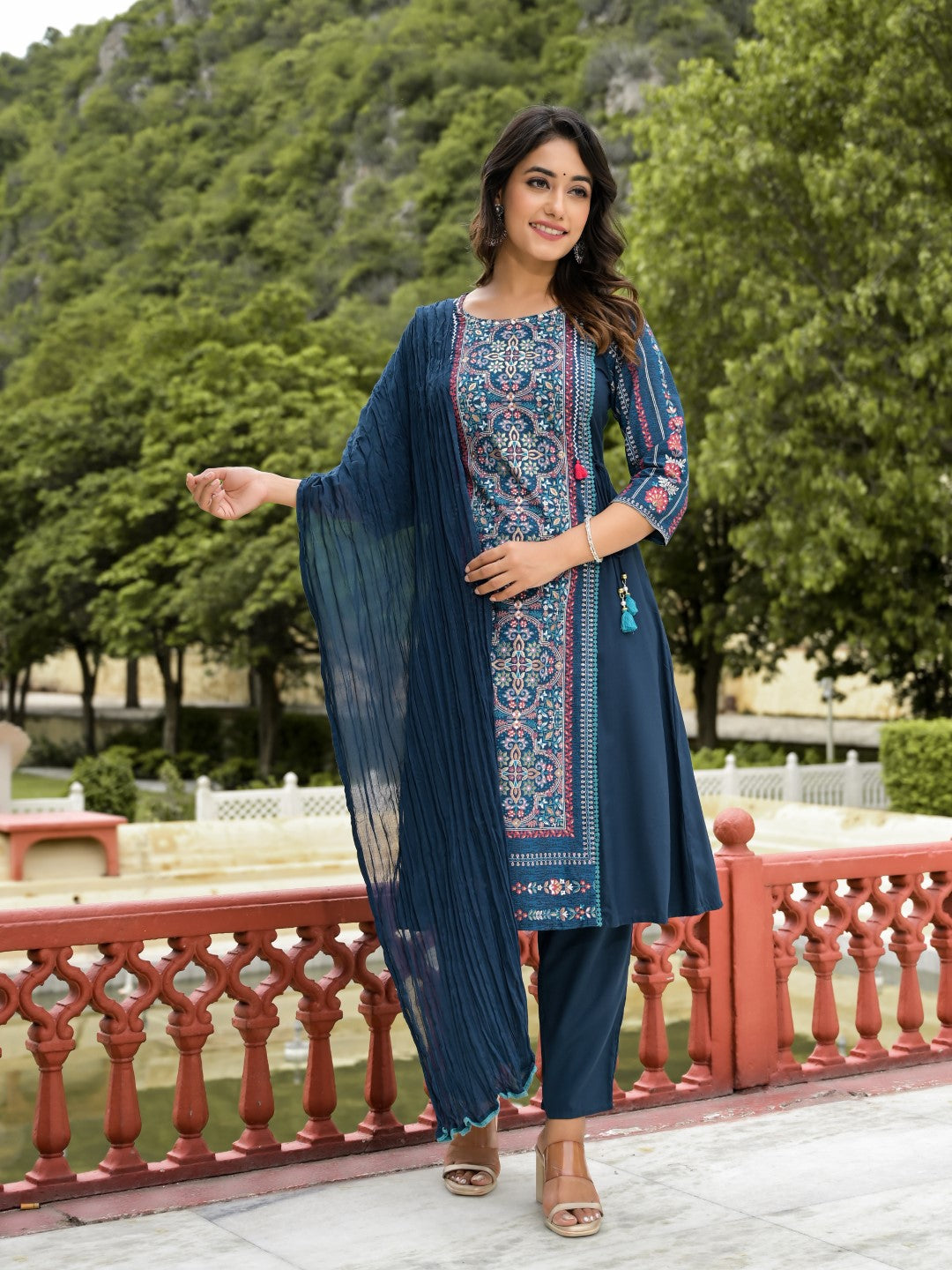 Juniper Women's Blue Floral Printed Liva Rayon Kurta Pant & Dupatta Set With Doris At Waist & Thread Work & Tassels - Distacart