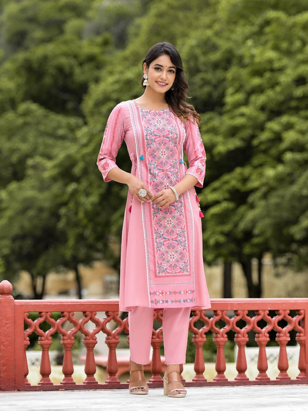 Juniper Women's Peach Floral Printed Liva Rayon Kurta Pant & Dupatta Set With Doris At Waist & Thread Work & Tassels - Distacart