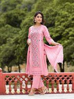 Thumbnail for Juniper Women's Peach Floral Printed Liva Rayon Kurta Pant & Dupatta Set With Doris At Waist & Thread Work & Tassels - Distacart