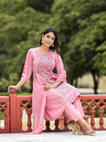 Thumbnail for Juniper Women's Peach Floral Printed Liva Rayon Kurta Pant & Dupatta Set With Doris At Waist & Thread Work & Tassels - Distacart