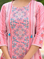 Thumbnail for Juniper Women's Peach Floral Printed Liva Rayon Kurta Pant & Dupatta Set With Doris At Waist & Thread Work & Tassels - Distacart