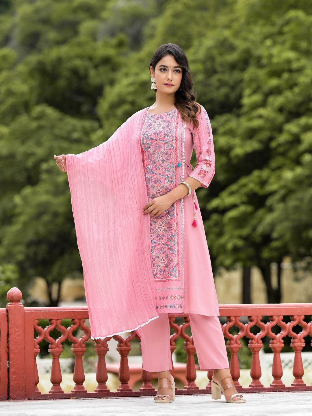 Juniper Women's Peach Floral Printed Liva Rayon Kurta Pant & Dupatta Set With Doris At Waist & Thread Work & Tassels - Distacart