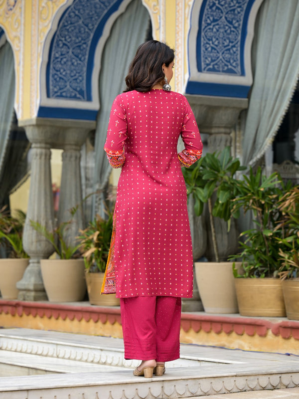 Juniper Women's Maroon Ethnic Motif Printed Liva Rayon Kurta Pant And Dupatta Set With Mirror Work & Sequins - Distacart