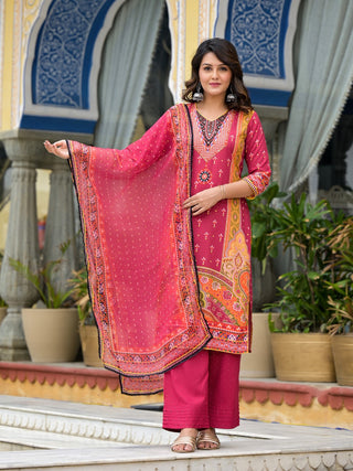 Juniper Women's Maroon Ethnic Motif Printed Liva Rayon Kurta Pant And Dupatta Set With Mirror Work & Sequins - Distacart