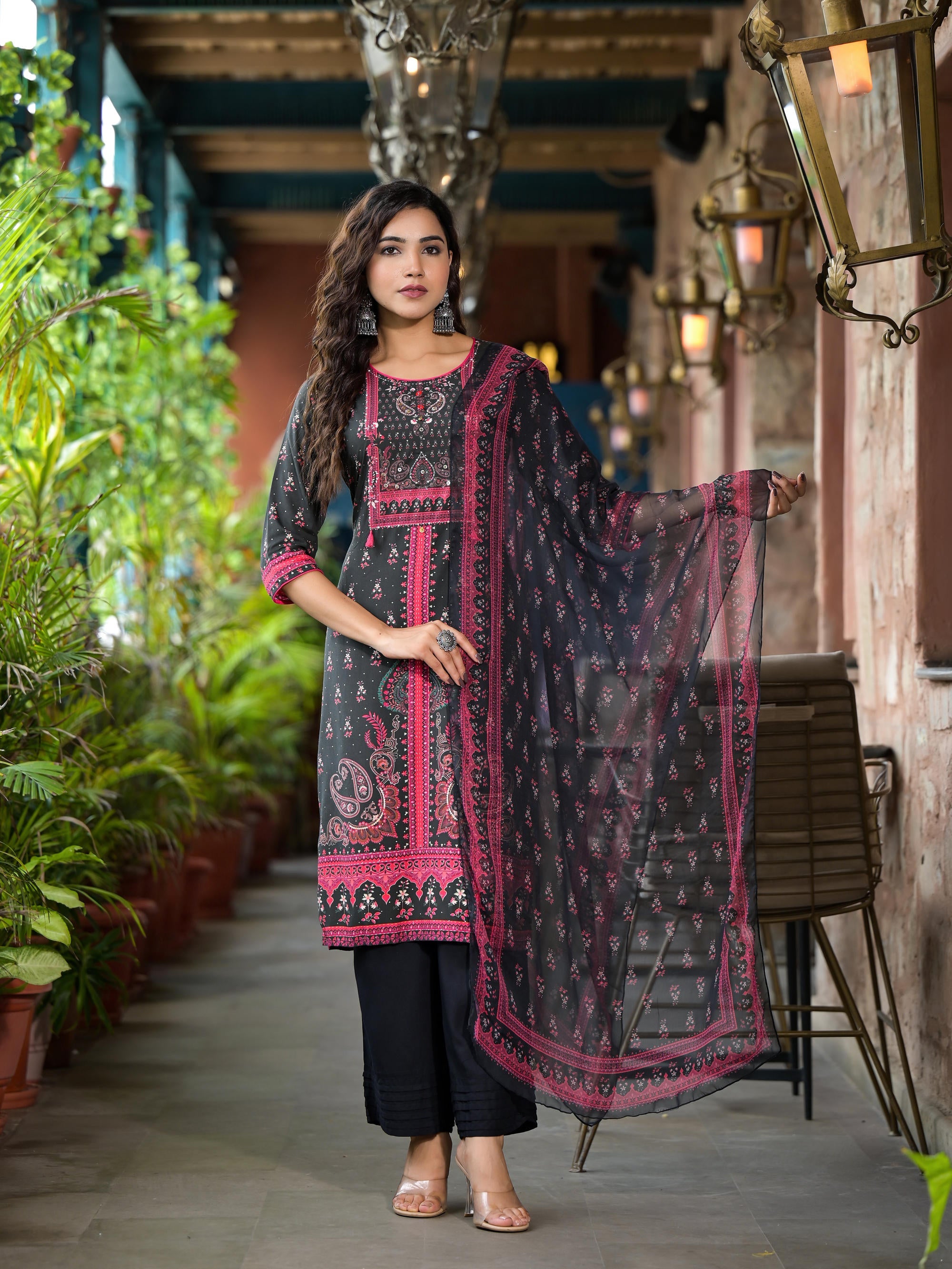 Juniper Women's Black Ethnic Motif Printed Liva Rayon Kurta Set With Buttons Coins & Tassels - Distacart