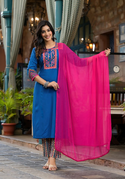 Juniper Women's Blue Thread Embroidered Liva Rayon Kurta Pant And Dupatta Set With Mirror Work Beads & Coins - Distacart