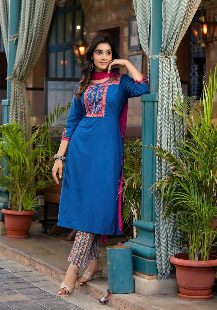 Juniper Women's Blue Thread Embroidered Liva Rayon Kurta Pant And Dupatta Set With Mirror Work Beads & Coins - Distacart
