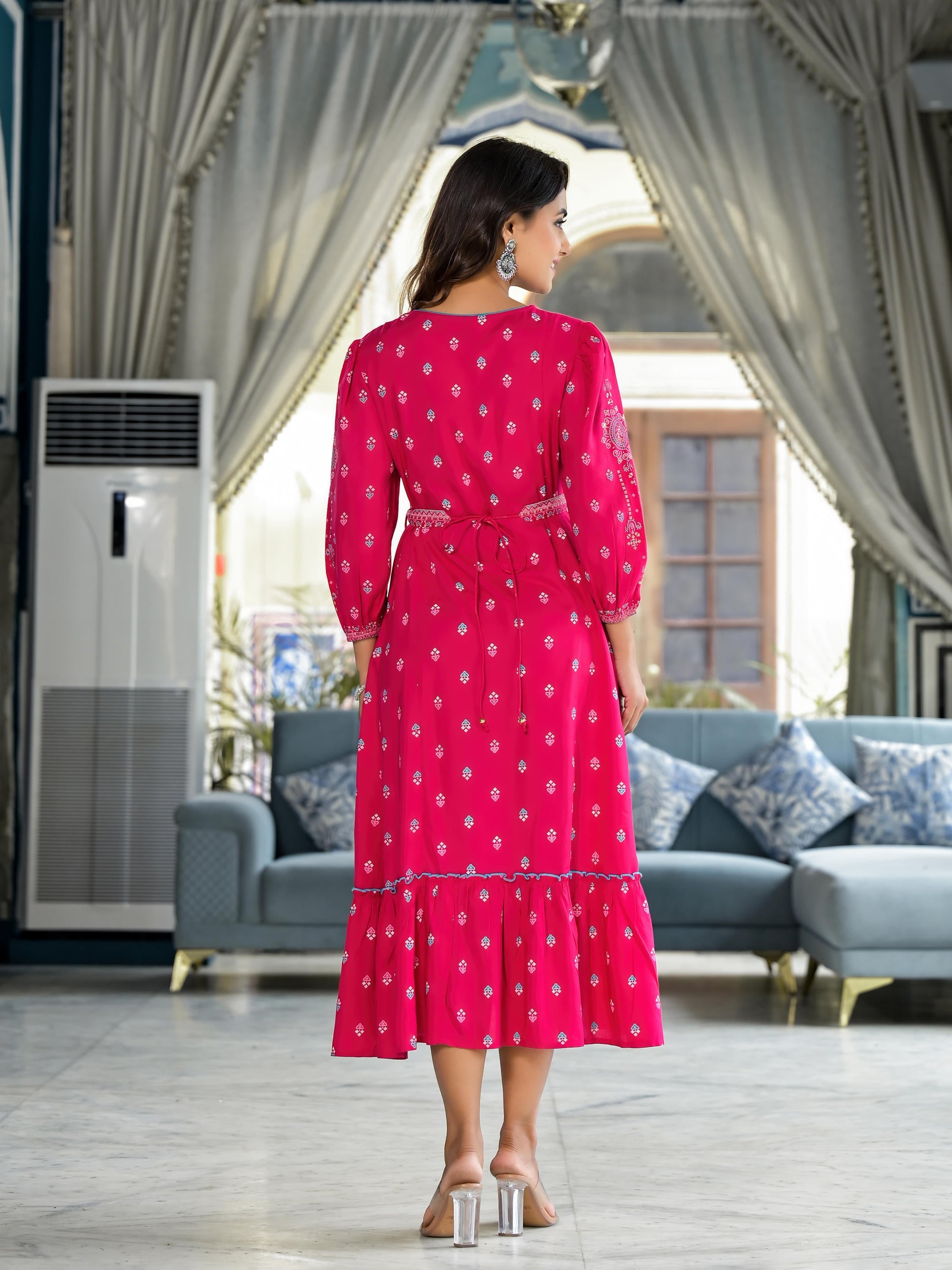 Juniper Fuchsia Ethnic Motif Printed Liva Rayon A-Lined Tiered Dress With Belt - Distacart