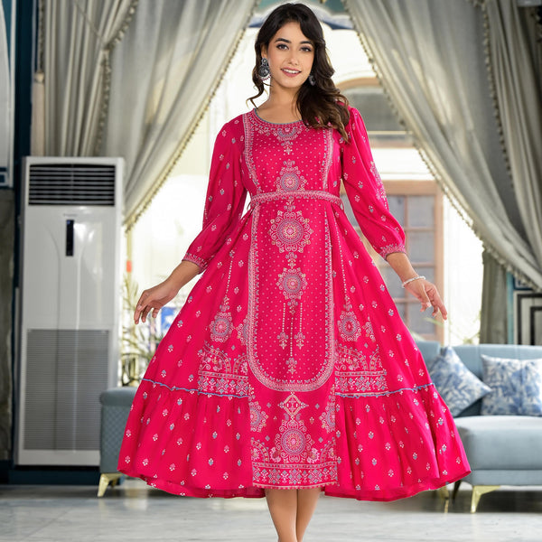 Juniper Fuchsia Ethnic Motif Printed Liva Rayon A-Lined Tiered Dress With Belt - Distacart