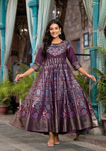 Thumbnail for Juniper Women's Plum Ethnic Motif Printed Santoon Dress With Thread & Zari Work - Distacart