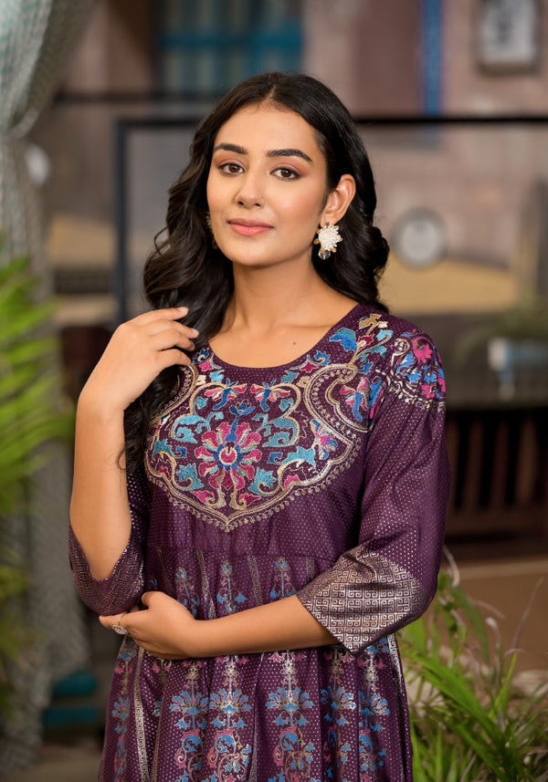 Juniper Women's Plum Ethnic Motif Printed Santoon Dress With Thread & Zari Work - Distacart
