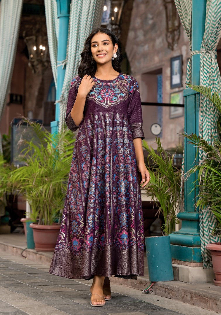 Juniper Women's Plum Ethnic Motif Printed Santoon Dress With Thread & Zari Work - Distacart