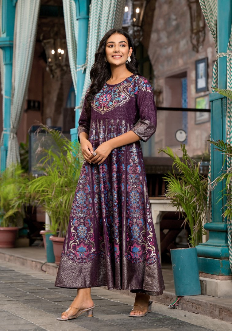 Juniper Women's Plum Ethnic Motif Printed Santoon Dress With Thread & Zari Work - Distacart