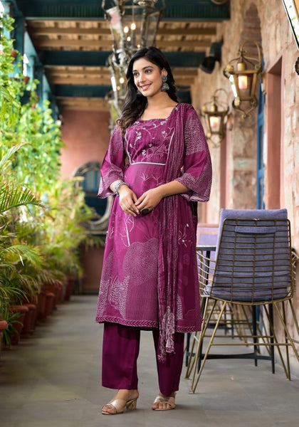Juniper Women's Wine Abstract Printed Liva Rayon A-Lined Kurta Pant And Dupatta Set With Doris At Waist - Distacart