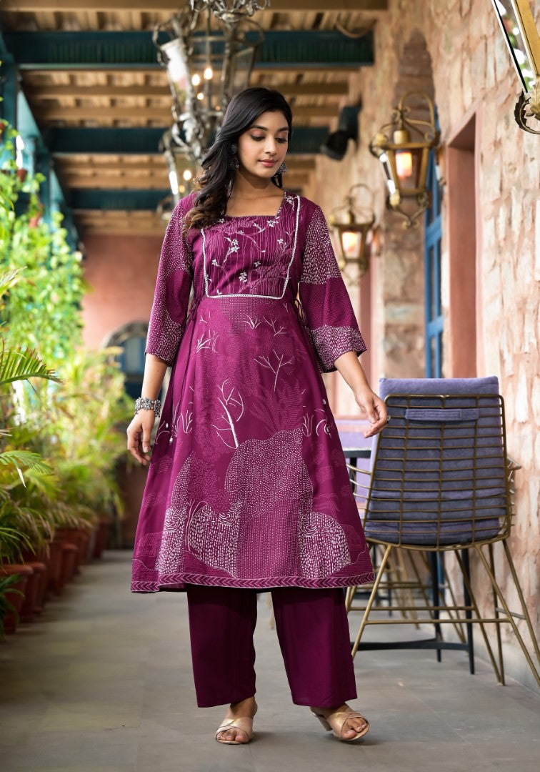 Juniper Women's Wine Abstract Printed Liva Rayon A-Lined Kurta Pant And Dupatta Set With Doris At Waist - Distacart