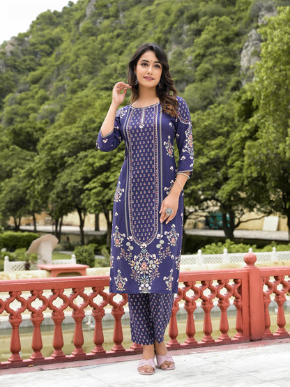 Juniper Women's Blue Viscose Rayon Printed Kurta Set - Distacart