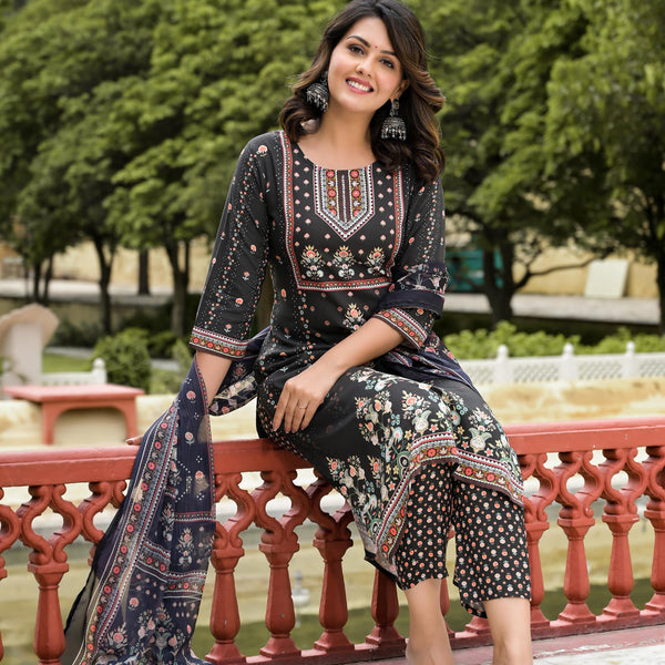 Juniper Women's Black Viscose Rayon Printed Kurta Set - Distacart