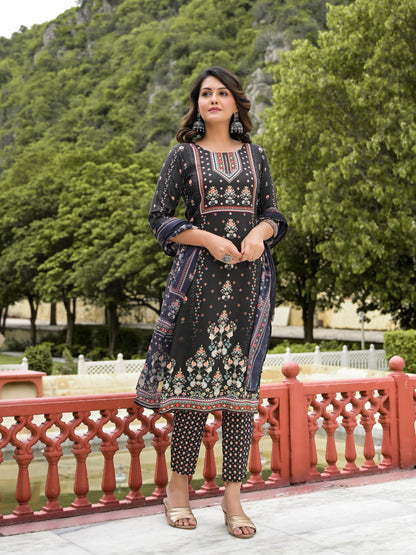 Juniper Women's Black Viscose Rayon Printed Kurta Set - Distacart