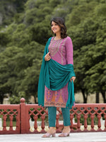 Thumbnail for Juniper Women's Lavender Ethnic Motif Printed Liva Rayon Kurta Pant And Dupatta Set With Buttons & Tassels - Distacart