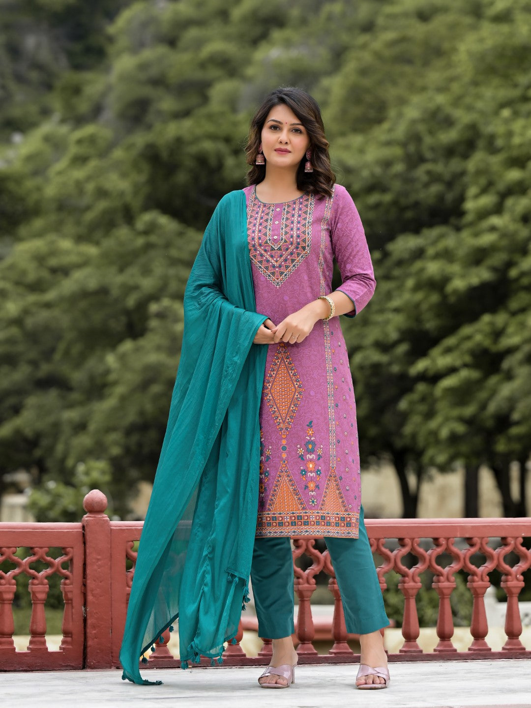 Juniper Women's Lavender Ethnic Motif Printed Liva Rayon Kurta Pant And Dupatta Set With Buttons & Tassels - Distacart
